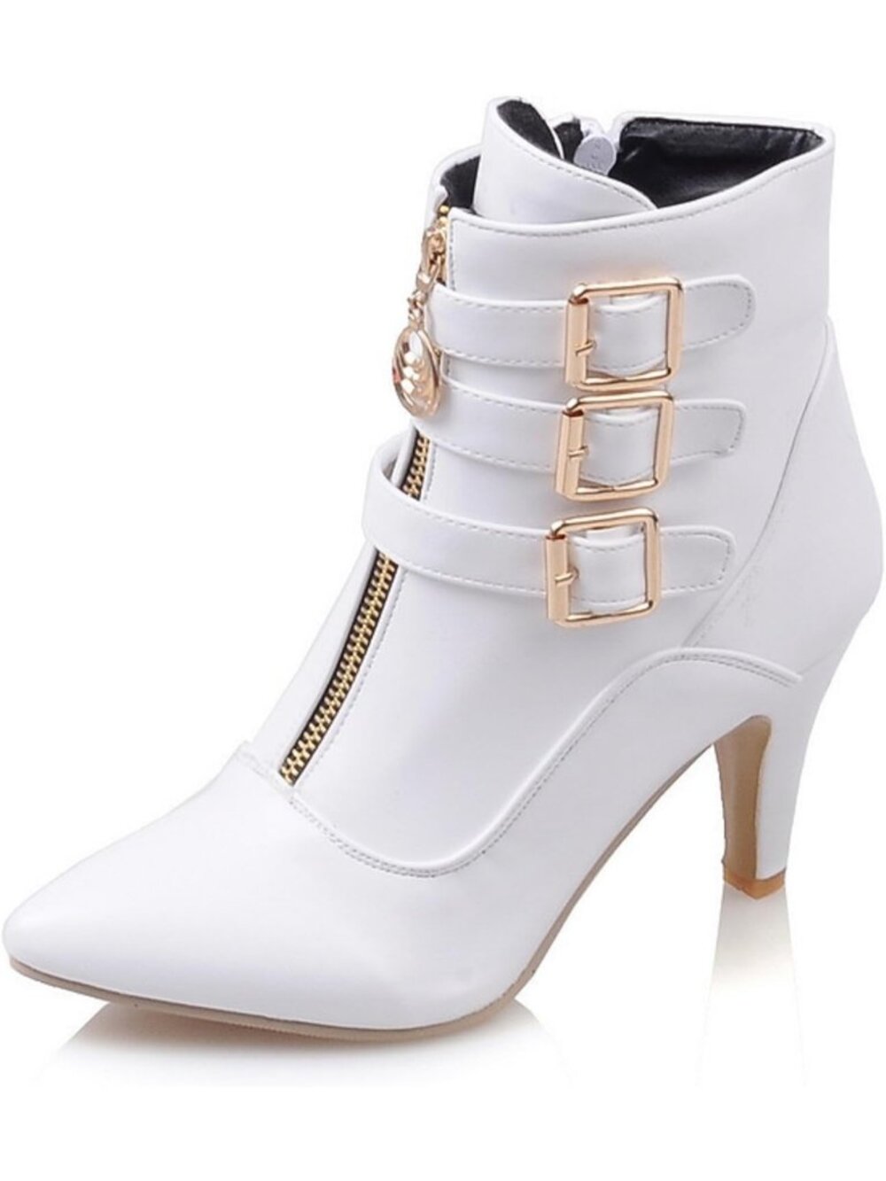 Women's Buckle White High Heels Pointed Toe Ankle Short Booties High Heeled